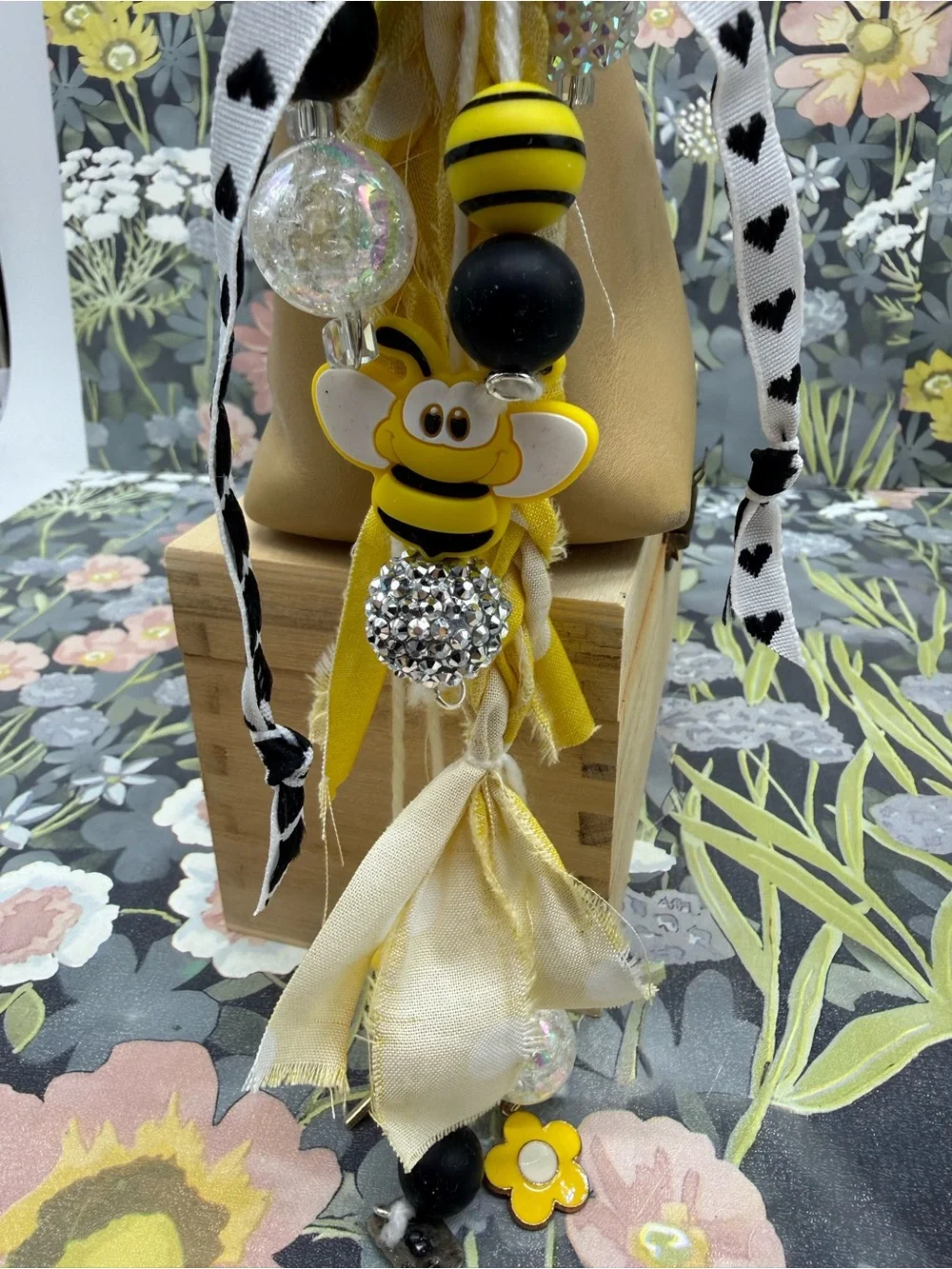 👑Adorned Crown Jewelry purse bag charm keychain bee fabric tassel